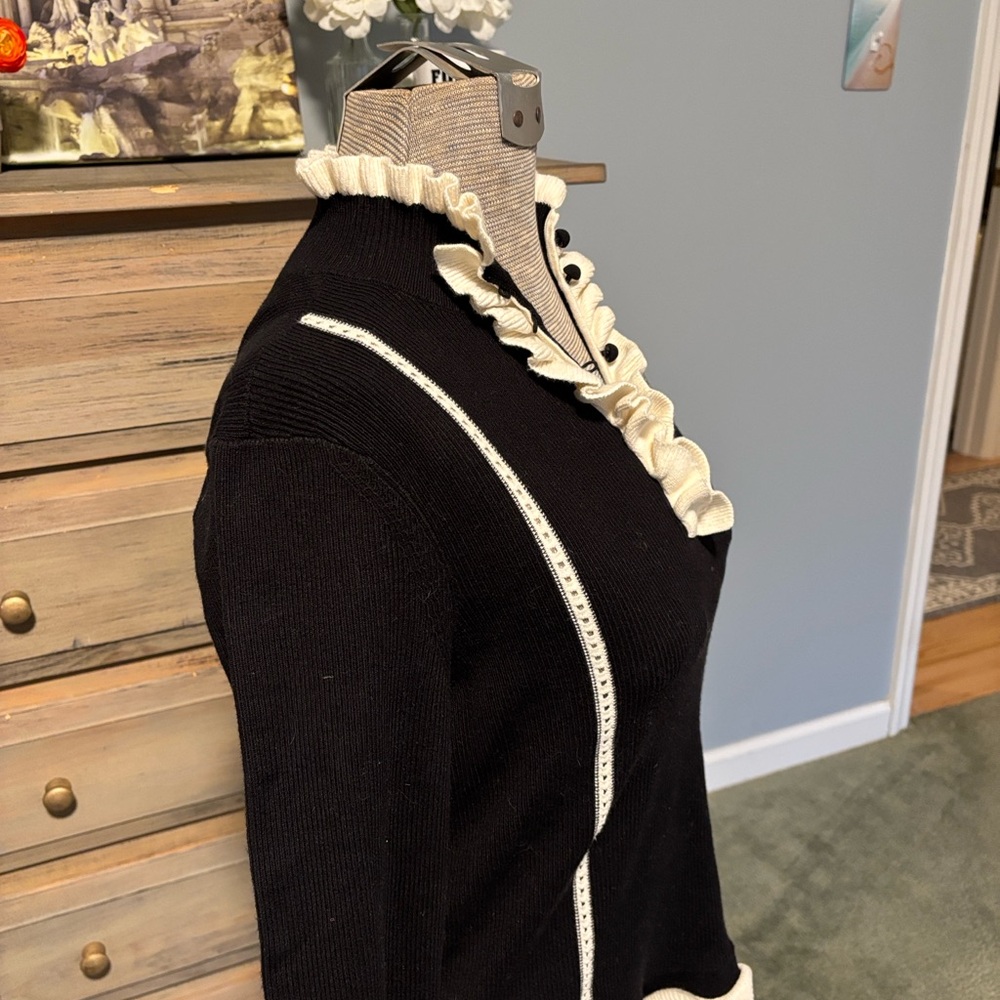 CABI Adorn #4103  Black and Cream ruffle ribbed cotton pullover sweater - Picture 4 of 10